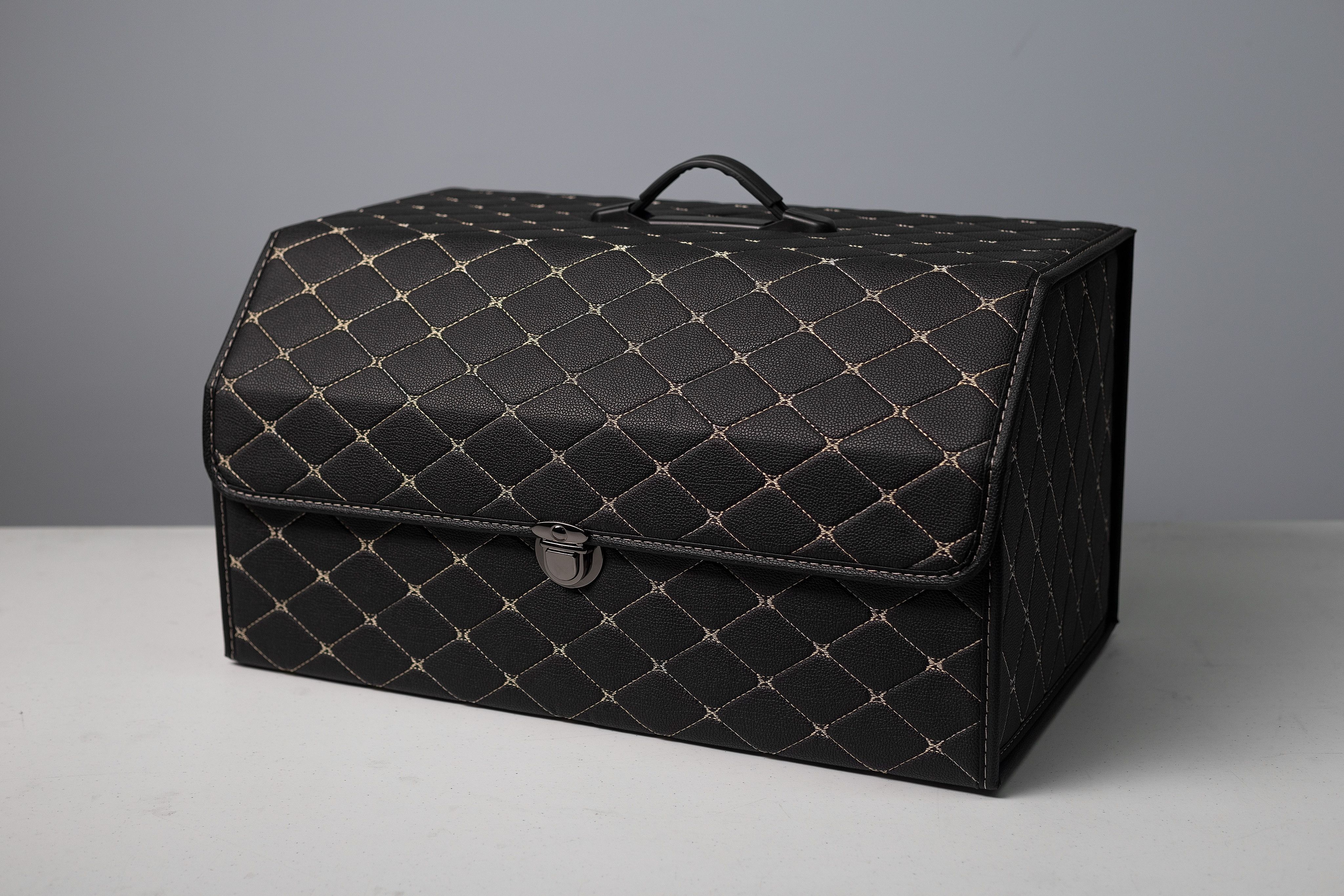 Бокс-органайзер в багажник 40*30*30см Экокожа Черный, строчка золотая