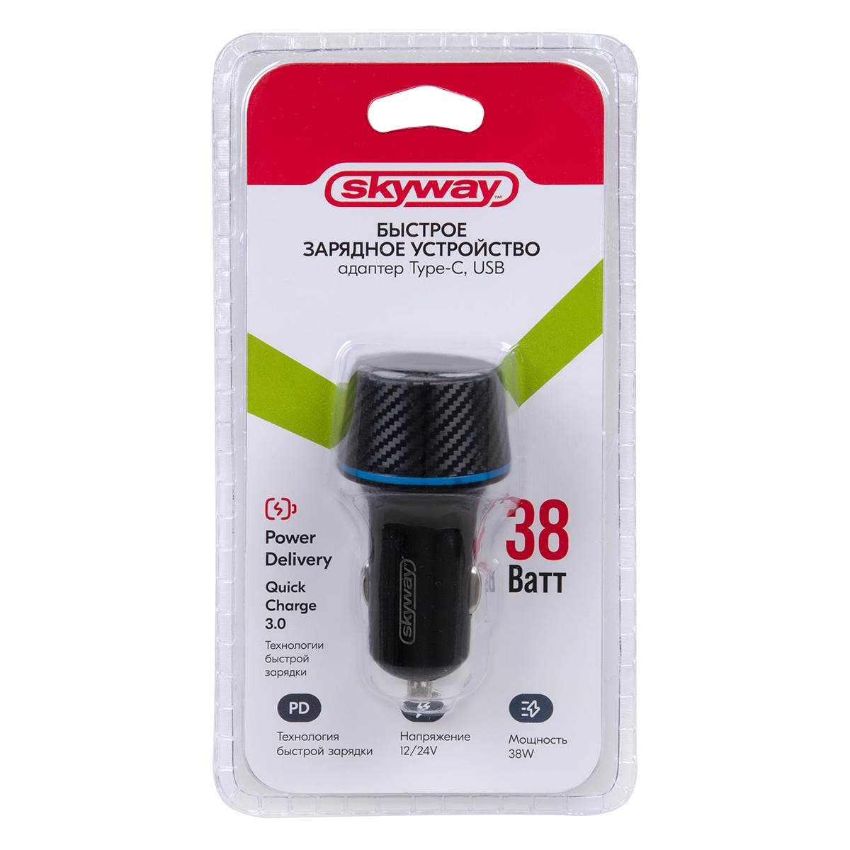 Зарядное устройство (адаптер) 12/24V 38W USB (QC 3.0) Type-C (PD) SKYWAY черный